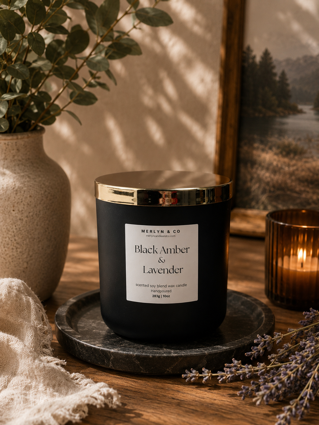 Black Amber + Lavender  cotton wick 10 oz